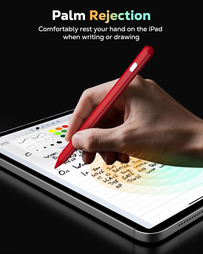 MoKo قلم رصاص لجهاز iPad (A16) الجيل 11 و10، قلم ستايلس لجهاز Apple iPad 2018-2025 11/10/9/8/7/6/A16، ميني 7/6/5، إير M3/M2 11"/13"/5/4/3، برو M4 13"/12.9"/11" حساسية الميل، شحن سريع USB-C، أحمر - Image 4